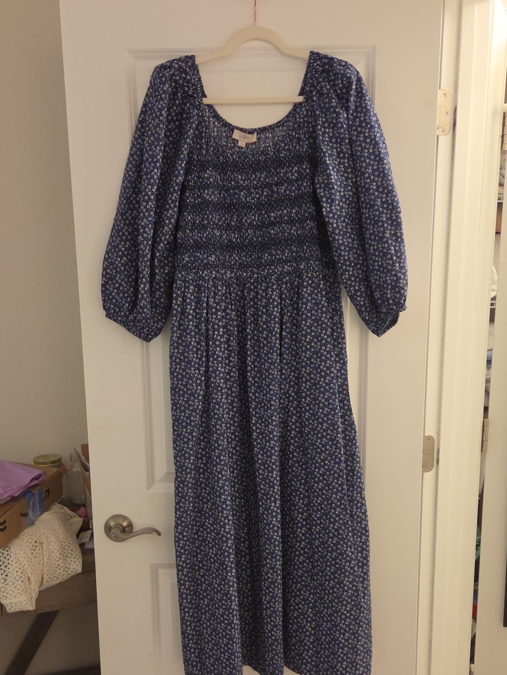 LOFT Blue Floral Smocked Maxi Dress with Puff Sleeves